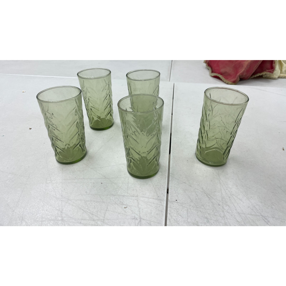 Vintage Textured Glass Tumbler Avocado Green Embossed Leaf Set of 5